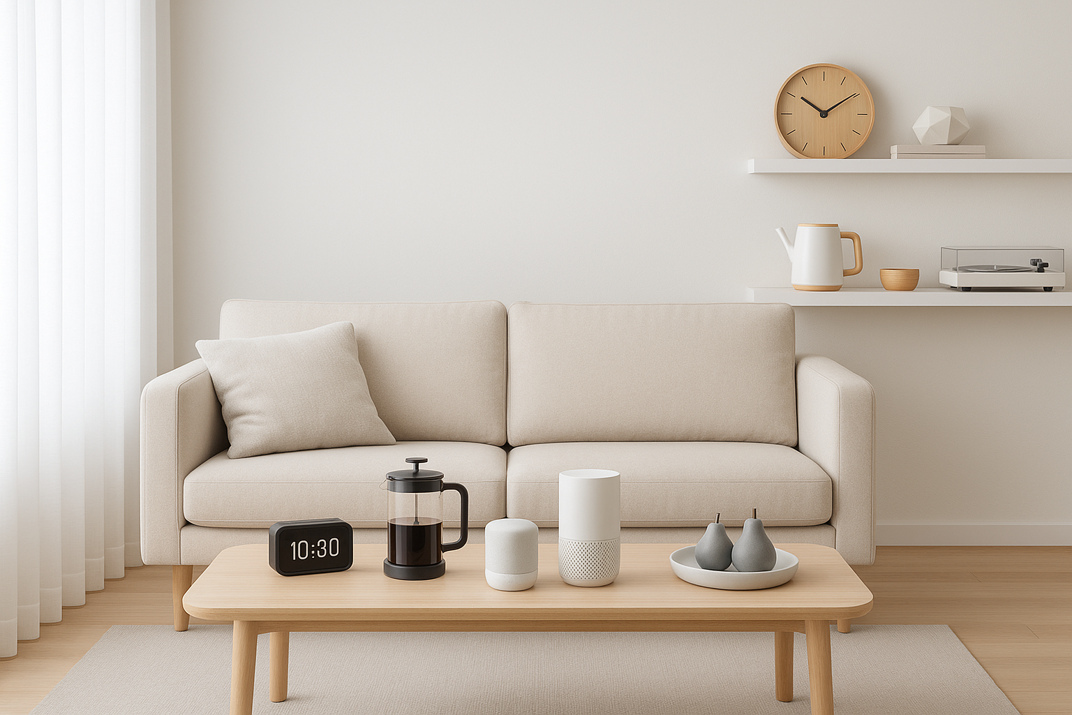 A modern, clean lifestyle banner. A bright, minimal living room interior with a sofa, coffee table, and shelves. On the table and shelves, a few stylish gadgets, kitchen tools, and lifestyle accessories are neatly placed. Bright natural lighting, neutral background colors (white and soft grey), with space in the center for overlay text. High resolution, professional, e-commerce website style.